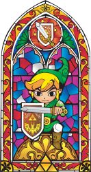Rule 34 | 1boy, absurdres, black eyes, blonde hair, faux traditional media, green hat, hat, highres, holding, holding sword, holding weapon, link, male focus, nintendo, pointy ears, shield, solo, stained glass, sword, the legend of zelda, the legend of zelda: the wind waker, toon link, weapon
