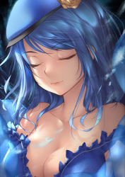 Rule 34 | 10s, 1girl, absurdres, bare shoulders, blue dress, blue hair, blue hat, blush, borrowed character, breasts, cleavage, close-up, collarbone, dress, eyebrows, flower, frills, hat, hat flower, highres, kantai collection, kopianget, long hair, mankai, mascot, off-shoulder dress, off shoulder, original, rose, smile, solo, upper body, urakaze (kancolle), yellow flower, yellow rose