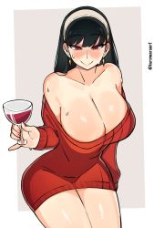 Rule 34 | 1girl, alternate breast size, bare shoulders, black hair, blush, breasts, cleavage, cup, dress, drinking glass, drunk, hairband, highres, huge breasts, kuromaruart, long hair, looking at viewer, red eyes, red sweater, sidelocks, solo, spy x family, sweater, sweater dress, thighs, wine glass, yor briar