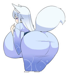 Rule 34 | 1girl, animal ears, ass, ass focus, blue kimono, blush, breasts, byakusen (amabiko kote), chibi, curvy, dress, eyelashes, female focus, fox ears, fox girl, fox tail, full body, futon7979, gigantic breasts, grey hair, half-closed eyes, highres, japanese clothes, kimono, long hair, looking at viewer, looking back, pale skin, purple eyes, sideboob, skin tight, smile, standing, tail, thick thighs, thighs, white background, wide hips
