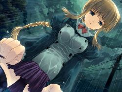 Rule 34 | 1girl, game cg, outdoors, rain, silfa (to heart), skirt, sky, solo, thighhighs, wet