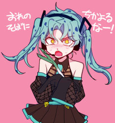 Rule 34 | 1girl, alternate hair color, aqua hair, blue eyes, blush, commentary request, cosplay, detached sleeves, diavolo, fangs, fishnet sleeves, fishnets, genderswap, genderswap (mtf), hatsune miku, hatsune miku (cosplay), headset, jojo no kimyou na bouken, miniskirt, multicolored hair, pleated skirt, sempon (doppio note), shirt, skirt, sleeveless, sleeveless shirt, sleeves past fingers, sleeves past wrists, solo, spotted hair, sweat, translation request, twintails, two-tone hair, upper body, vento aureo, vocaloid, yellow eyes