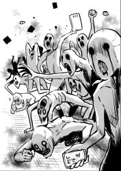 Rule 34 | anger vein, blood, blood from mouth, bloody tears, cellphone, clenched hand, clenched teeth, crack, crowd, game console, greyscale, izumi (toubun kata), monochrome, phone, playstation 3, real life, rock, smartphone, teeth, throwing, throwing rock