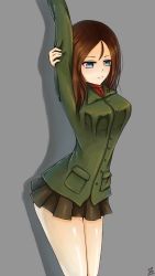 Rule 34 | 1girl, ahoge, atsuih, bare legs, blue eyes, breasts, brown hair, cowboy shot, girls und panzer, green jacket, green skirt, grey background, half-closed eyes, highres, holding own arm, jacket, medium breasts, medium hair, nonna (girls und panzer), pravda school uniform, red shirt, red star, shadow, shiny skin, shirt, signature, skirt, smile, solo, standing, star (symbol), straight hair, stretching, tagme