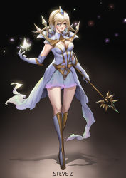 Rule 34 | 1girl, absurdres, blonde hair, blush, boots, breasts, cleavage, cleavage cutout, clothing cutout, collar, crossed legs, dress, elbow gloves, elementalist lux, eyeliner, full body, gem, gloves, green eyes, hair between eyes, hair ornament, hairband, hand up, headgear, highres, holding, holding staff, knee boots, league of legends, light elementalist lux, lips, looking at viewer, lux (league of legends), makeup, medium breasts, nose, parted lips, photokinesis, pink lips, shadow, shards, short dress, short hair, smile, solo, spiked collar, spikes, staff, standing, steve zheng, tiara, watson cross, white dress, white footwear, white gloves