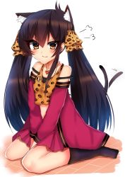 Rule 34 | 1girl, afterimage, animal ears, animal print, bad id, bad pixiv id, bare shoulders, between legs, black hair, black socks, blush, brown camisole, brown eyes, camisole, cat ears, cat girl, cat tail, closed mouth, hair between eyes, hair ribbon, hand between legs, highres, idolmaster, idolmaster cinderella girls, jacket, kemonomimi mode, kneehighs, leopard print, long hair, long sleeves, looking at viewer, matoba risa, no shoes, open clothes, open jacket, pink jacket, pink skirt, pleated skirt, print camisole, print ribbon, ribbon, ricroot, sitting, skirt, socks, solo, tail, tail wagging, twintails, v-shaped eyebrows, very long hair, wariza