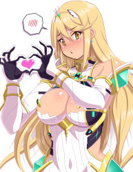 Rule 34 | 1girl, artist request, blonde hair, blush, breasts, cleavage, dress, earrings, elbow gloves, gem, gloves, hair ornament, headpiece, highres, huge breasts, jewelry, large breasts, long hair, mythra (xenoblade), nintendo, open mouth, simple background, solo, swept bangs, tiara, white background, xenoblade chronicles (series), xenoblade chronicles 2, yellow eyes