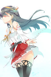 Rule 34 | 10s, 1girl, artist name, bare shoulders, black hair, closed eyes, detached sleeves, gradient background, hairband, haruna (kancolle), headgear, highres, imu sanjo, japanese clothes, kantai collection, long hair, nontraditional miko, ribbon-trimmed sleeves, ribbon trim, signature, skirt, solo, thighhighs