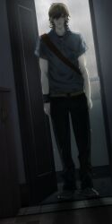 Rule 34 | 1boy, absurdres, belt, belt buckle, black pants, brown hair, buckle, door, eyes visible through hair, game cg, highres, indoors, male focus, mita makoto, nitro+ chiral, noise reduction, non-web source, open door, pants, polo shirt, puddle, rain, sad, shirt, shoes, short hair, short sleeves, sneakers, solo, spiked hair, sweet pool, water, wet, wristband