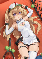 Rule 34 | 1girl, azur lane, bache (azur lane), bache (showy sports star) (azur lane), ball, bare shoulders, black panties, blonde hair, breasts, cleavage cutout, clothing cutout, covered navel, detached sleeves, dress, empty eyes, fang, grimace, heart cutout, long hair, looking at viewer, naha78, open mouth, panties, panty pull, purple eyes, racket, shaded face, short dress, single thighhigh, small breasts, solo, sportswear, tennis ball, tennis dress, tennis net, tennis racket, tennis uniform, thighhighs, thighs, twintails, two side up, underwear, visor cap, white dress, white thighhighs