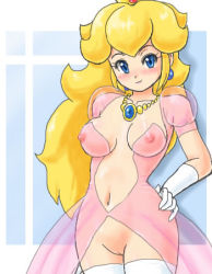 Rule 34 | 1girl, blonde hair, blue eyes, breasts, cleft of venus, covered erect nipples, dress, earrings, elbow gloves, gloves, hand on own hip, jewelry, konpeto, lingerie, long hair, lowres, mario (series), medium breasts, navel, necklace, nintendo, nipples, princess peach, pussy, seductive smile, see-through, smile, solo, thighhighs, uncensored, underwear