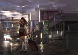 Rule 34 | 10s, 1girl, adjusting hair, akagi (kancolle), bad id, bad pixiv id, brown eyes, brown hair, building, bus, city, cloud, cloudy sky, itobek, kantai collection, long hair, motor vehicle, road, road sign, rolling suitcase, sandals, sign, sky, smile, solo, street, suitcase, thighhighs, traffic light, twilight, vehicle, white thighhighs, zettai ryouiki