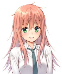 Rule 34 | 1girl, blush, commentary request, green eyes, long hair, long sleeves, looking at viewer, messy hair, mikazuchi zeus, necktie, original, pink hair, school uniform, shirt, simple background, smile, solo, upper body, white background, white shirt