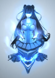 Rule 34 | 10s, 1girl, a430dp, abyssal ship, aqua eyes, aura, black hair, blue theme, breasts, claws, double bun, expressionless, female focus, glowing, glowing eyes, kantai collection, large breasts, light cruiser oni, long hair, looking at viewer, monochrome, skirt, solo, teeth, very long hair