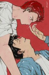 Rule 34 | 2boys, black hair, blush, closed eyes, couple, devian aquarius, from side, highres, looking down, male focus, mito youhei, multiple boys, poking nose, pompadour, profile, red background, red eyes, red hair, sakuragi hanamichi, simple background, slam dunk (series), smile, upper body, yaoi