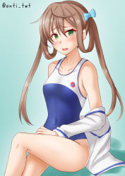 Rule 34 | 1girl, anti (untea9), asagumo (kancolle), blue background, blue ribbon, blush, breasts, brown hair, collarbone, covered navel, duplicate, gradient background, green eyes, hair between eyes, hair ribbon, high school fleet, highres, jacket, kantai collection, long hair, looking at viewer, one-hour drawing challenge, one-piece swimsuit, open mouth, partially undressed, pixel-perfect duplicate, ribbon, school swimsuit, shadow, sitting, small breasts, solo, sweatdrop, swimsuit, twintails, twitter username, white jacket