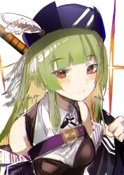 Rule 34 | 1girl, arknights, bird girl, black corset, black jacket, black ribbon, blue hat, blunt bangs, blush, closed mouth, collared shirt, corset, green hair, hamaguri-san (hamagur69200744), hammer, hat, head wings, highres, holding, holding weapon, jacket, looking at viewer, neck ribbon, off shoulder, open clothes, open jacket, poncirus (arknights), red eyes, ribbon, shirt, sidelocks, simple background, sketch, sleeveless, sleeveless shirt, solo, sparkle, upper body, weapon, white background, white shirt, wings