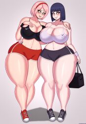 Rule 34 | 2girls, absurdres, bare shoulders, black hair, black shorts, breasts, byakugan, cameltoe, cleavage, cleft of venus, collarbone, covered erect nipples, curvy, dolphin shorts, drunkavocado, facial mark, forehead mark, full body, haruno sakura, highres, huge breasts, hyuuga hinata, looking at viewer, mature female, multiple girls, naruto (series), naruto shippuuden, nike (company), pink hair, red shorts, seductive smile, shoes, short hair, shorts, simple background, smile, sneakers, sports bra, sportswear, standing, thick thighs, thighs, wide hips, wristband