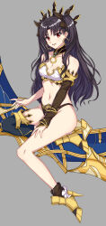 Rule 34 | 1girl, bare shoulders, black hair, breasts, brown hair, brown ribbon, cleavage, earrings, fate/grand order, fate (series), full body, grey background, hoop earrings, ishtar (fate), jewelry, kelinch1, large breasts, long hair, looking at viewer, midriff, navel, open mouth, red eyes, ribbon, simple background, single sleeve, single thighhigh, sitting, smile, solo, thighhighs, thighs, twintails, yellow footwear