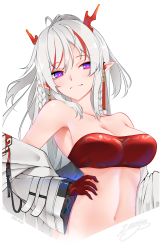 Rule 34 | 1girl, absurdres, arknights, artist name, bandeau, bare shoulders, braid, breasts, cleavage, commentary, cropped torso, head tilt, highres, horns, jacket, large breasts, long hair, long sleeves, looking at viewer, midriff, multicolored hair, navel, nian (arknights), off shoulder, open clothes, open jacket, pointy ears, purple eyes, red hair, signature, silver hair, simple background, smile, solo, stomach, strapless, streaked hair, tube top, twin braids, upper body, white background, white jacket, wide sleeves, z.taiga