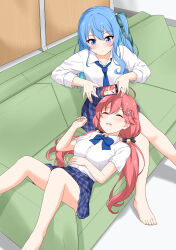Rule 34 | 2girls, absurdres, alternate costume, aqua hair, bare legs, barefoot, black bow, blue bow, blue bowtie, blue eyes, blue necktie, blush, bow, bowtie, breasts, cellphone, closed eyes, collarbone, colored inner hair, commentary, couch, drooling, feet, feet out of frame, felutiahime, foot out of frame, green ribbon, hair between eyes, hair bow, hair ornament, hair ribbon, hand up, highres, holding, hololive, hoshimachi suisei, indoors, knees together feet apart, legs, long hair, long sleeves, looking at another, lying, medium breasts, miniskirt, multicolored hair, multiple girls, necktie, on back, open mouth, partially unbuttoned, phone, pink hair, plaid, plaid skirt, ribbon, sakura miko, school uniform, shadow, shirt, short sleeves, side ponytail, sidelocks, sitting, skirt, small breasts, smartphone, star (symbol), star in eye, symbol in eye, taking picture, toenails, toes, twintails, virtual youtuber, white shirt