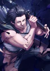 Rule 34 | 1boy, beard stubble, black bulls (emblem), black capelet, black clover, black hair, capelet, darkness, facial hair, fighting stance, goatee stubble, grey eyes, highres, holding, holding sword, holding weapon, katana, looking at viewer, male focus, muscular, muscular male, short hair, solo, sosuke ppp, stubble, sword, tank top, weapon, white tank top, yami sukehiro