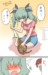 Rule 34 | 10s, 2girls, 2koma, ^^^, anchovy (girls und panzer), artist name, black ribbon, blue shorts, brown hair, casual, cat, cat teaser, comic, commentary request, dated, embarrassed, girls und panzer, green hair, hair ribbon, highres, holding, hoshikawa (hoshikawa gusuku), jitome, long hair, looking at another, looking back, multiple girls, nishizumi maho, one-hour drawing challenge, open mouth, peeking out, pink shirt, playing, red eyes, ribbon, shirt, short sleeves, shorts, signature, sitting, smile, staring, surprised, t-shirt, translated, twintails