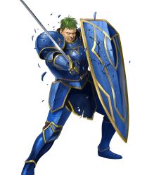 Rule 34 | 1boy, arden (fire emblem), armor, armored boots, attack, belt, blue armor, boots, broken, broken armor, broken sword, broken weapon, brown eyes, cleft chin, clenched teeth, damaged, fire emblem, fire emblem: genealogy of the holy war, fire emblem heroes, full body, gauntlets, greaves, green hair, highres, holding, holding shield, holding sword, holding weapon, loincloth, male focus, manly, nintendo, nose, official art, realistic, serious, shield, short hair, shoulder armor, soeda ippei, solo, sword, teeth, torn clothes, torn loincloth, transparent background, weapon