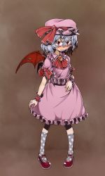 Rule 34 | 1girl, asakawa remon, bat wings, blue hair, blush, female focus, full body, gradient background, hat, mary janes, pigeon-toed, red eyes, remilia scarlet, shoes, short hair, solo, tears, touhou, wings