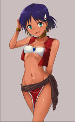 Rule 34 | 1girl, :d, bandeau, bob cut, bracelet, breasts, commentary, commentary request, dark-skinned female, dark skin, earrings, fushigi no umi no nadia, green eyes, hair ornament, hairclip, hashi, hoop earrings, jewelry, loincloth, looking at viewer, midriff, nadia la arwall, navel, neck ring, necklace, open mouth, pelvic curtain, pendant, purple hair, shiny skin, short hair, simple background, smile, solo, standing, strapless, strapless bottom, tube top, vest, white bandeau