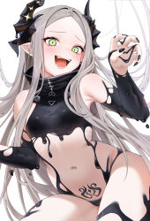 1girl absurdres armpits black_horns black_liquid black_nails breasts fangs forehead goddess_of_victory:_nikke green_eyes grey_hair highres horns leviathan_(nikke) liquid_clothes looking_at_viewer navel open_mouth piercing pointy_ears pubic_tattoo simple_background small_breasts tattoo thick_thighs thighs tongue_piercing white_background zhaofeng_yinyue