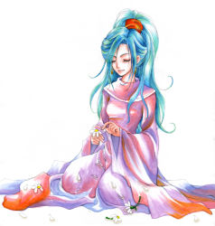 Rule 34 | 1990s (style), 1girl, bad id, bad pixiv id, blue hair, chrono (series), chrono trigger, closed eyes, earrings, female focus, flower, full body, highres, jewelry, long hair, michiya, petals, ponytail, purple robe, retro artstyle, robe, schala zeal, simple background, solo, white background