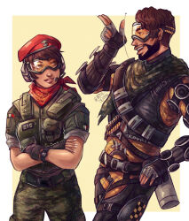 Rule 34 | 1boy, 1girl, alibi (rainbow six siege), ammunition, apex legends, artist name, belt, beret, black belt, black gloves, black vest, bodysuit, border, brown hair, checkered clothes, checkered scarf, commentary, crossed arms, crossover, earpiece, english commentary, facial hair, finger gun, fingerless gloves, french flag, gloves, goatee, goggles, green scarf, grey gloves, hat, looking down, looking to the side, mirage (apex legends), nina liu, open mouth, orange bodysuit, outside border, parted lips, radio antenna, rainbow six siege, red headwear, scarf, short hair, simple background, smile, vest, white border, yellow background