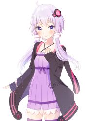 Rule 34 | 1girl, ahoge, animal hood, black jacket, blush, closed mouth, cowboy shot, dress, hair ornament, hood, hood down, hooded jacket, jacket, katakuriko (katakuriko1025), long sleeves, looking at viewer, low twintails, open clothes, open jacket, purple dress, purple eyes, purple hair, rabbit hood, short hair with long locks, simple background, sleeves past wrists, smile, solo, twintails, vocaloid, voiceroid, white background, yuzuki yukari