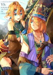 Rule 34 | 1boy, 1girl, animal, animal on shoulder, aqua eyes, bad id, bad pixiv id, bandana, bare shoulders, bird, bird on shoulder, boots, breasts, brother and sister, character name, cloud, cloudy sky, copyright name, day, detached sleeves, dress, earrings, falcom, forest, hair between eyes, hair over one eye, harp, headband, highres, instrument, jewelry, karna (ys), lanlanlu (809930257), looking at another, medium breasts, medium hair, midriff, mountain, nature, navel, necklace, open mouth, orange hair, ponytail, remnos (ys), shirt, siblings, sky, smile, thighs, wide sleeves, wrist cuffs, ys, ys memories of celceta
