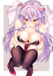 Rule 34 | 1girl, akainoya rayo, animal ears, bare shoulders, black leotard, black thighhighs, blush, breast hold, breasts, cleavage, collarbone, commentary, full body, gluteal fold, grey background, hair between eyes, high heels, knees together feet apart, large breasts, leotard, light purple hair, lips, long hair, looking at viewer, open mouth, playboy bunny, purple background, rabbit ears, red eyes, red footwear, reisen udongein inaba, shoes, simple background, solo, squatting, tareme, thighhighs, thighs, touhou, twitter username
