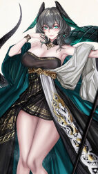 Rule 34 | 1girl, aqua nails, arknights, bare shoulders, black dress, blush, bracelet, commentary, dress, feet out of frame, green eyes, grey hair, grin, head wings, highres, ho&#039;olheyak (arknights), ho&#039;olheyak (carriage of the winds of time) (arknights), jewelry, looking at viewer, minuolin, nail polish, official alternate costume, revision, shawl, short hair, smile, solo, standing, strapless, strapless dress, thighs, wings
