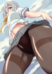 Rule 34 | 10s, 1girl, blue eyes, blush, breasts, cameltoe, covered erect nipples, female focus, from below, hair ornament, hair over one eye, hairclip, hamakaze (kancolle), kantai collection, large breasts, midriff, miniskirt, mushin, navel, no bra, outdoors, panties, pantyhose, perky breasts, shiny skin, shirt, short hair, silver hair, skirt, sky, solo, standing, thighs, underwear, upskirt