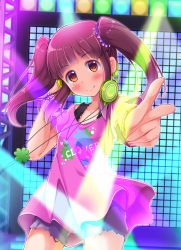 Rule 34 | 10s, 1girl, blush, brown eyes, brown hair, clover, commentary request, four-leaf clover, futatsukiaiji, headphones, headphones around neck, highres, idolmaster, idolmaster cinderella girls, long hair, looking at viewer, ogata chieri, open mouth, smile, solo, twintails, v