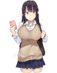 Rule 34 | 1girl, bad id, bad pixiv id, bag, black hair, blue skirt, breasts, brown vest, cellphone, character request, collarbone, commentary request, copyright request, cowboy shot, cropped legs, holding, holding phone, large breasts, long hair, long sleeves, looking at viewer, miniskirt, mole, mole under eye, phone, pleated skirt, red eyes, satchel, school bag, shirt, simple background, skirt, smartphone, solo, standing, suminagashi, sweater vest, thighs, vest, white background, white shirt