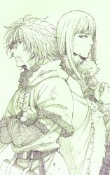 Rule 34 | 2boys, androgynous, belt, canute, cape, closed mouth, crossed arms, dirty, dirty face, eyelashes, fur trim, hamway man, highres, looking at viewer, male focus, messy hair, monochrome, multiple boys, profile, simple background, sweat, thorfinn, vinland saga