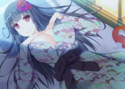 Rule 34 | 1girl, bad id, bad pixiv id, black hair, breasts, cleavage, cup, female focus, flower, hair flower, hair ornament, huge breasts, japanese clothes, large breasts, long hair, looking at viewer, lying, on back, original, red eyes, smile, solo, spill, takumi1006, tray