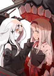 Rule 34 | 10s, 2girls, abyssal ship, aircraft carrier water oni, black dress, blood, breasts, brown eyes, colored skin, detached sleeves, dress, hair ornament, hairband, hand on another&#039;s face, japanese clothes, kantai collection, kusugi tai, long hair, looking at another, miko, multiple girls, muneate, ribbed dress, sailor dress, shoukaku (kancolle), very long hair, white hair, white skin, yellow eyes