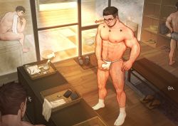 Rule 34 | 4boys, abs, absurdres, arm hair, ass, bara, beard, black-framed eyewear, body hair, boxers, brown hair, bulge, chest hair, commission, completely nude, crotch grab, facial hair, full body, fundoshi, glass, grey male underwear, hairy, highres, japanese clothes, large pectorals, leg hair, looking at another, male focus, male pubic hair, male underwear, multiple boys, muscular, muscular male, navel, navel hair, nipples, nude, original, pectorals, peterhl, pubic hair, sandals, sauna, short hair, steam, thick thighs, thighs, undercut, underwear, underwear only, undressing, white male underwear, wooden floor