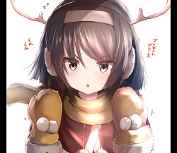 Rule 34 | &gt;:o, 10s, 1girl, :o, antlers, blush, brown hair, christmas, commentary request, fake horns, flying sweatdrops, gloves, hair ornament, hairband, horns, kantai collection, looking at viewer, mittens, reindeer antlers, santa costume, scarf, short hair, simple background, solo, tai (nazutai), tanikaze (kancolle), upper body, v-shaped eyebrows, white background, yellow scarf