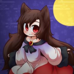 Rule 34 | 1girl, animal ears, bad id, bad twitter id, blue background, brochette, brown hair, dress, imaizumi kagerou, inunoko., jewelry, looking at viewer, moon, red eyes, signature, solo, tail, touhou, wolf ears, wolf tail
