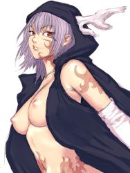 Rule 34 | 1girl, breasts, fumio (rsqkr), nipples, purple hair, red eyes, solo, tattoo