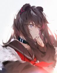 Rule 34 | 1girl, animal ears, arknights, bear ears, bear girl, belt collar, black collar, brown hair, brown jacket, brown sailor collar, closed mouth, collar, commentary request, earphones, fur-trimmed jacket, fur trim, grey eyes, hand up, highres, jacket, long hair, long sleeves, multicolored hair, neckerchief, pink hair, red neckerchief, sailor collar, simple background, sola7764, solo, streaked hair, upper body, white background, zima (arknights)
