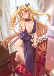 Rule 34 | 1girl, absurdres, bad id, bad pixiv id, barefoot, bedroom, black bow, blonde hair, blurry, blurry background, blush, bow, breasts, choker, collarbone, dress, ereshkigal (fate), fate/grand order, fate (series), feathers, floating hair, hair bow, hair intakes, head tilt, highres, indoors, jiaoshoutongxue, kneeling, long hair, looking at viewer, nail polish, nipples, no panties, open mouth, purple dress, red eyes, red nails, small breasts, solo, twintails, very long hair