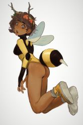 Rule 34 | 1girl, absurdres, ankle socks, antennae, antlers, arthropod girl, ass, bare legs, bee costume, bee girl, bee wings, breasts, bridal gauntlets, brown eyes, brown hair, eyeliner, feet up, flower, freckles, from side, full body, hair flower, hair ornament, highres, horns, insect girl, leaf hair ornament, legs together, leotard, looking at viewer, looking back, makeup, medium breasts, messy hair, mossacannibalis, open mouth, original, shoe soles, shoes, short hair, simple background, sneakers, socks, solo, tan, turtleneck, white background, wide-eyed, yellow footwear